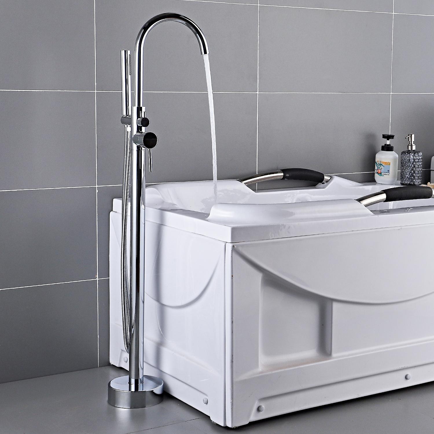 Bathtub Faucet Floor Mount Freestanding Bath Tub Filler Mixer Taps Brass 360 Swivel High Arc Spout Standing Shower Clawfoot Tub with Handheld Shower Mixer Taps 2025 - CAD $295.99 –P11