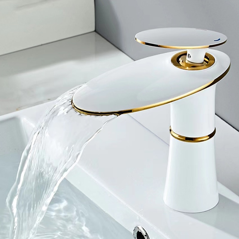 Waterfall Bathroom Sink Mixer Faucet Round, Wash Basin Taps Single Handle Washroom with Hot and Cold Hose Monobloc Vessel Water Brass Tap Deck Mounted 2025 - CAD $100.78 –P2