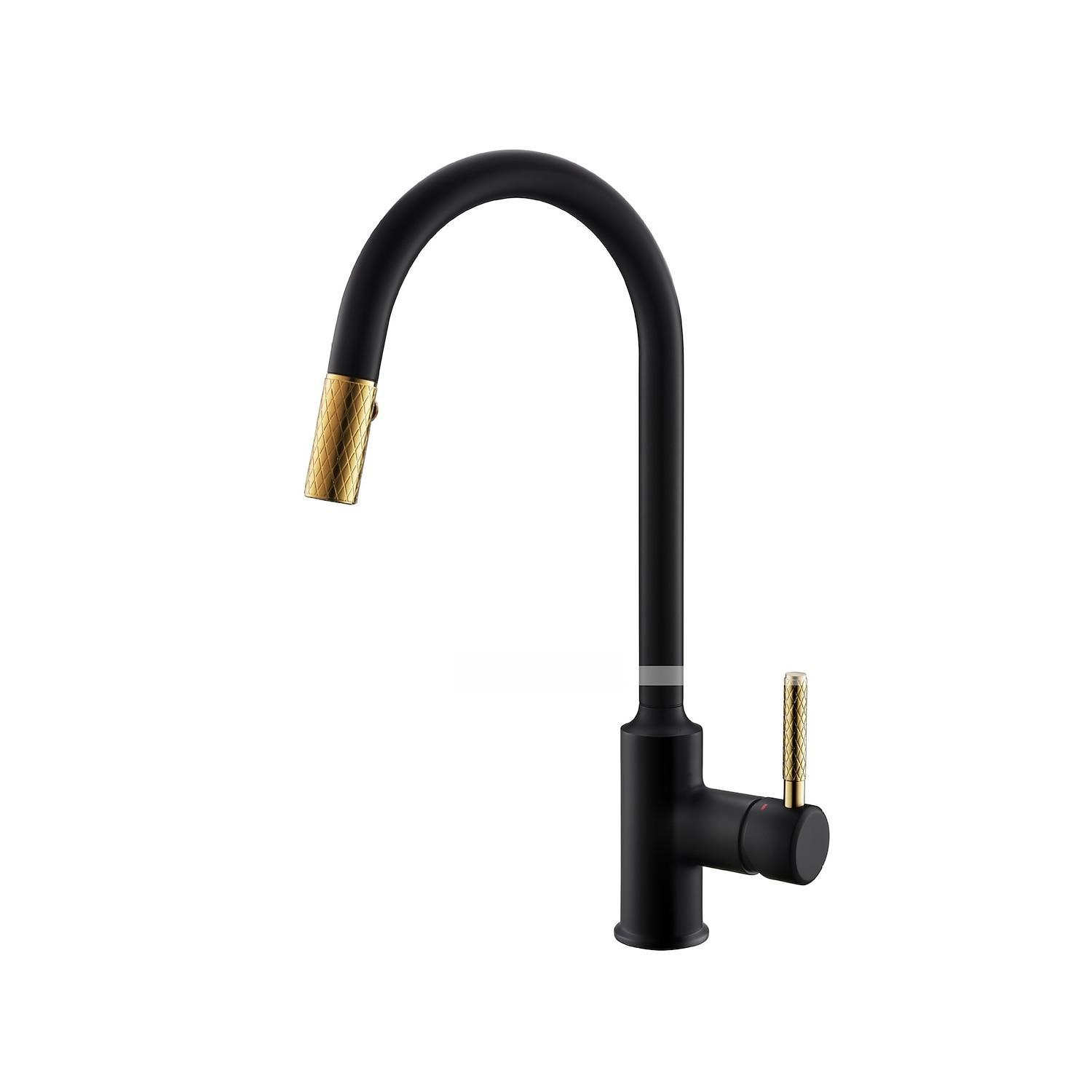 Kitchen Sink Mixer Faucet Pull Out 360 swivel Single Lever Handle Brushed Solid Brass Taps Cold Hot Hose One Hole with Pull Down Sprayer Black Gold Faucets 2025 - CAD $135.99 –P8