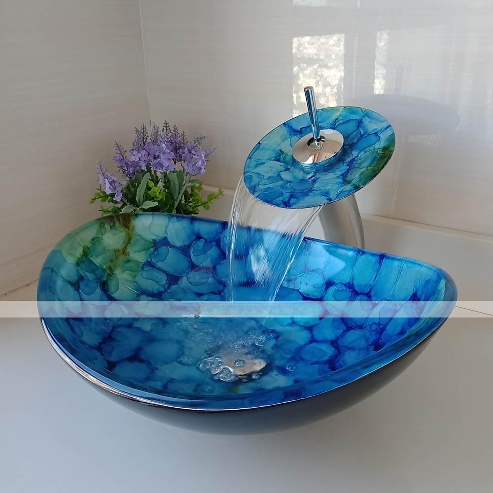 Bathroom Vessel Sink Set Rectangular 16"x13" Sink Mixer Faucet and Drain Combo with Pop-up Drain Boat Shape Color Tempered Glass Artistic Vessel Vanity Sink Bowl Above Counter Sink Art Wash Basin 2025 - CAD $366.99 –P6