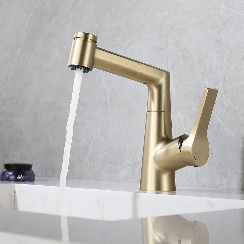 Bathroom Sink Faucet with Pull Out Spray,Brass Liftable 3-modes Electroplated / Painted Finishes Centerset Single Handle One Hole Lavatory Rotating Spout for Cold and Hot Water Bath Taps 2025 - CAD $159.99 –P4