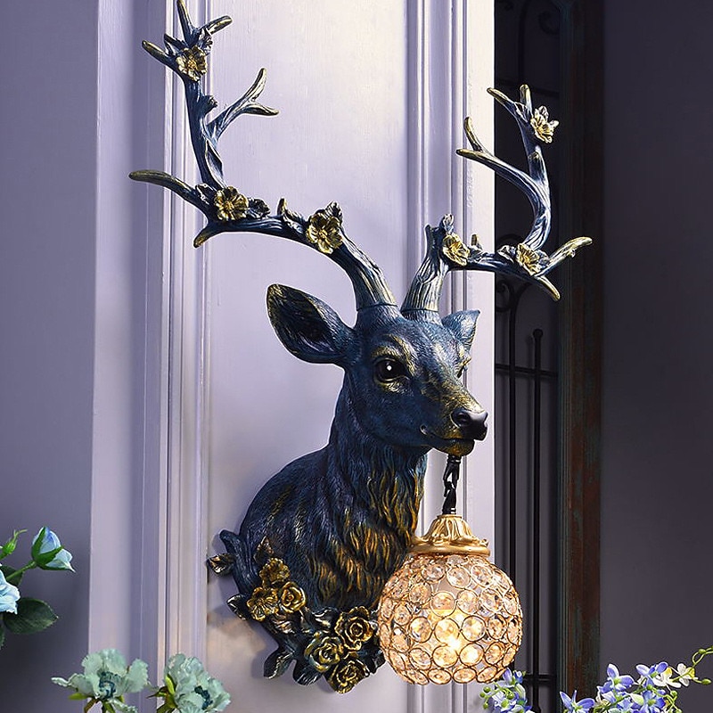Lucky Deer Head Wall Lamp Creative Resin Antler lamp Wall Wall Mount Light with Crystal lampshade Decoration Fixture for Living Room in White 2025 - CAD $549.99 –P2
