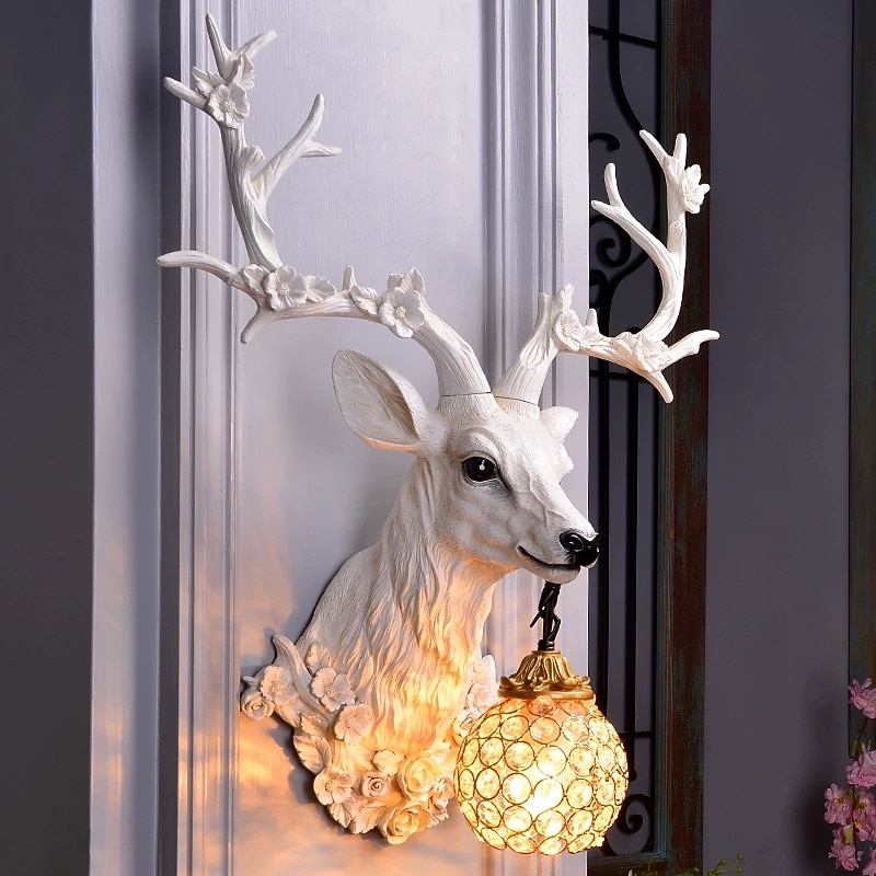 Lucky Deer Head Wall Lamp Creative Resin Antler lamp Wall Wall Mount Light with Crystal lampshade Decoration Fixture for Living Room in White 2025 - CAD $549.99 –P4