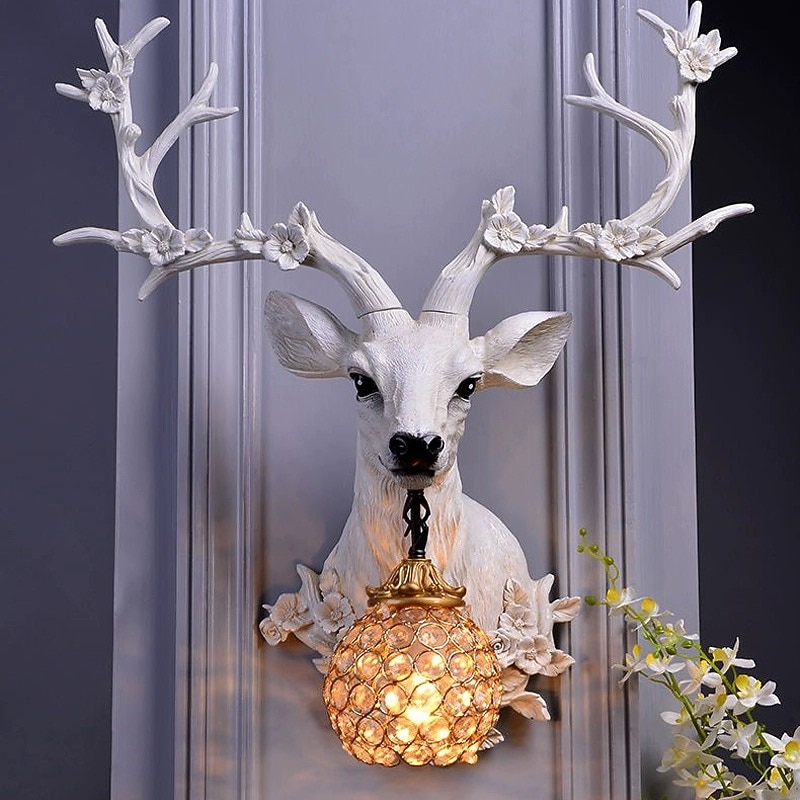 Lucky Deer Head Wall Lamp Creative Resin Antler lamp Wall Wall Mount Light with Crystal lampshade Decoration Fixture for Living Room in White 2025 - CAD $549.99 –P5
