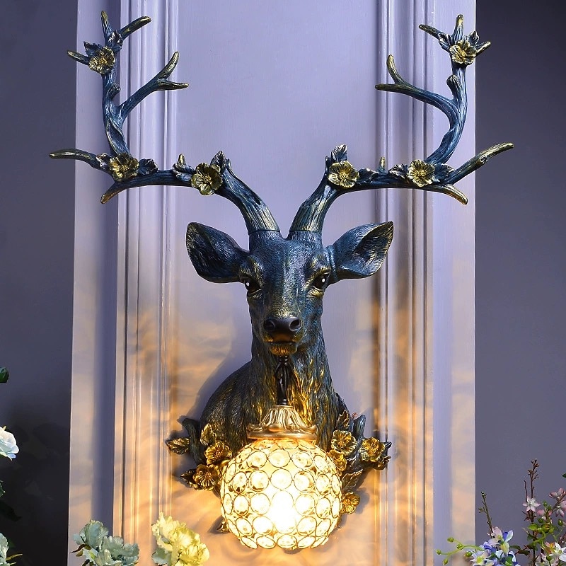 Lucky Deer Head Wall Lamp Creative Resin Antler lamp Wall Wall Mount Light with Crystal lampshade Decoration Fixture for Living Room in White 2025 - CAD $549.99 –P3